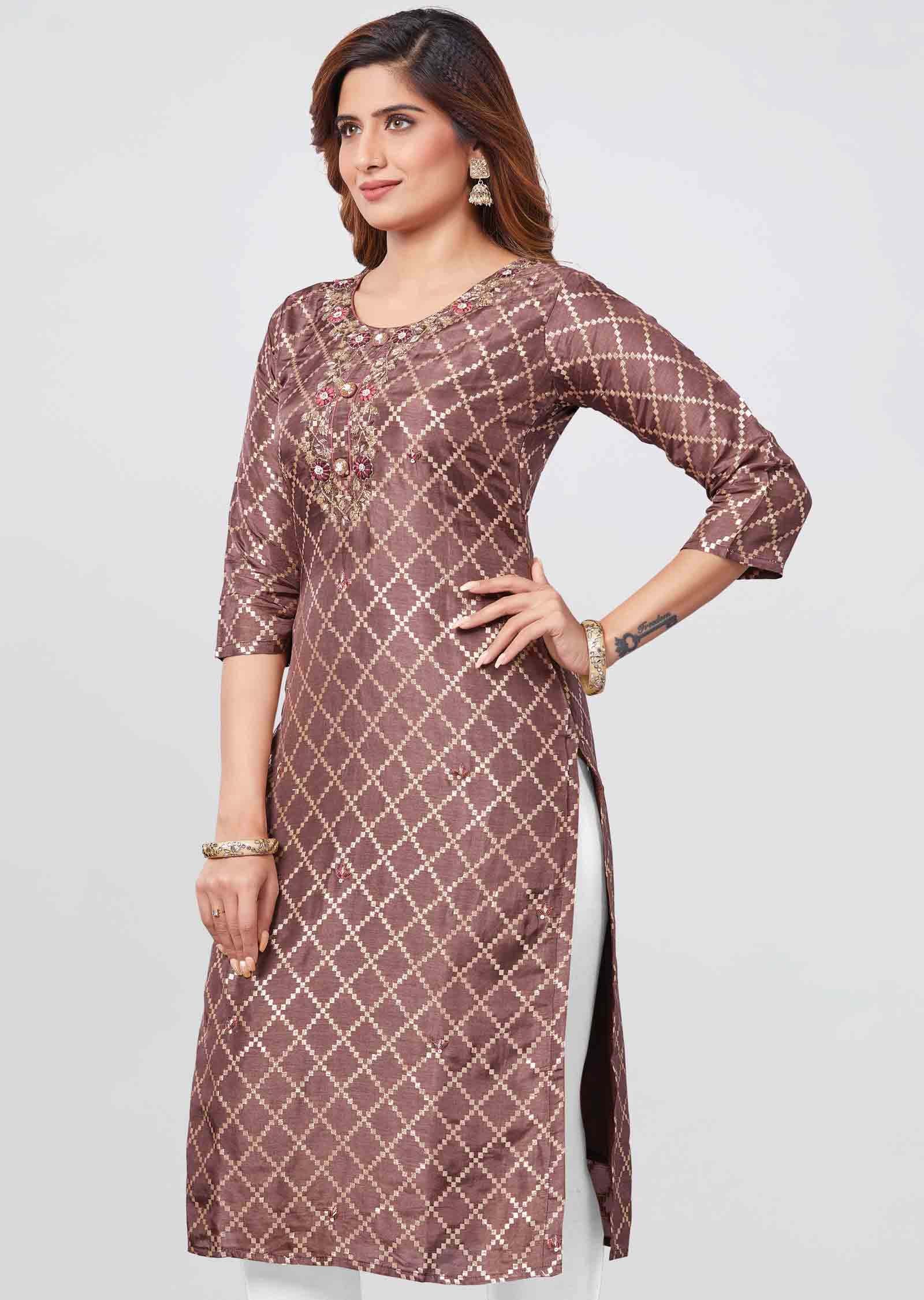 Brown Banaras Kurti Straight Cut