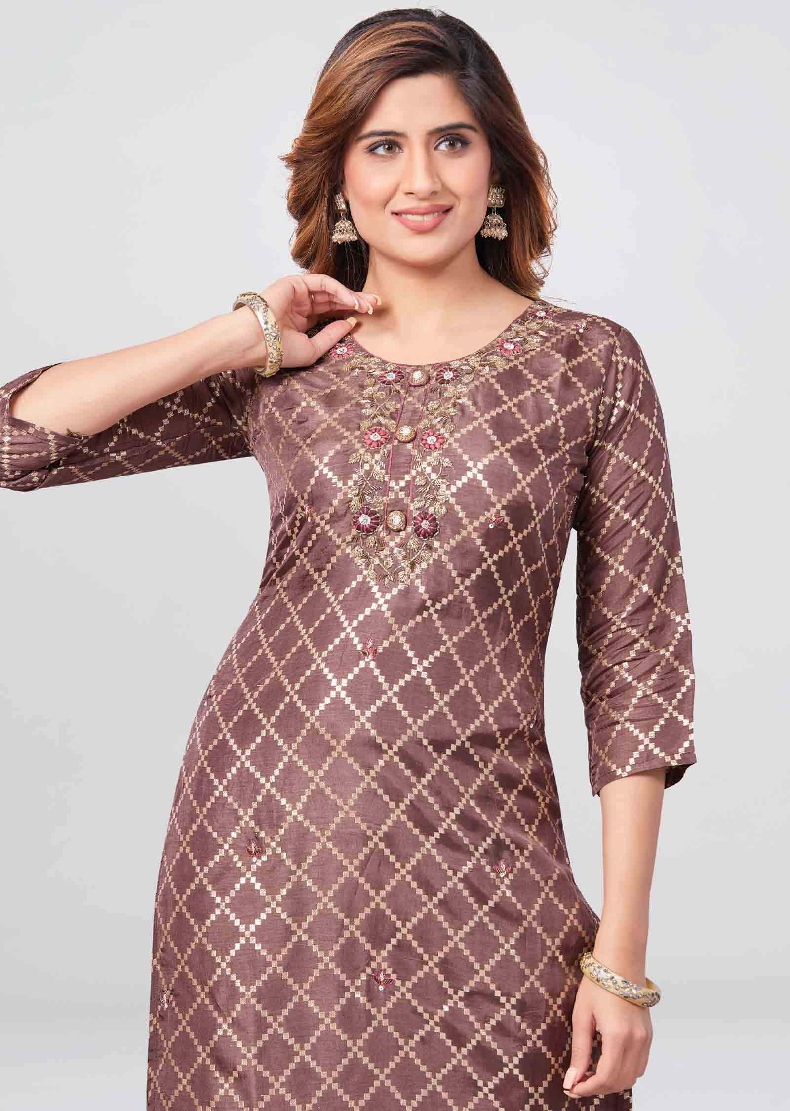 Brown Banaras Kurti Straight Cut