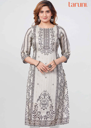 Light Grey Muslin Printed Straight Cut Kurti