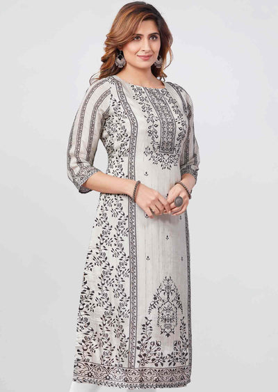 Light Grey Muslin Printed Straight Cut Kurti