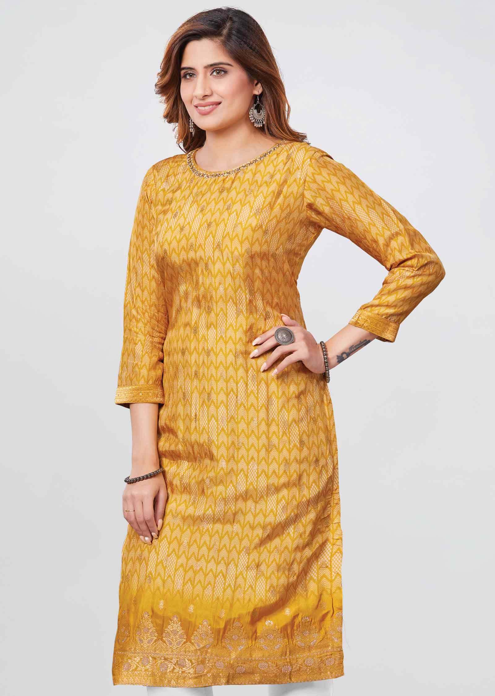 Yellow Banaras Kurti Straight Cut