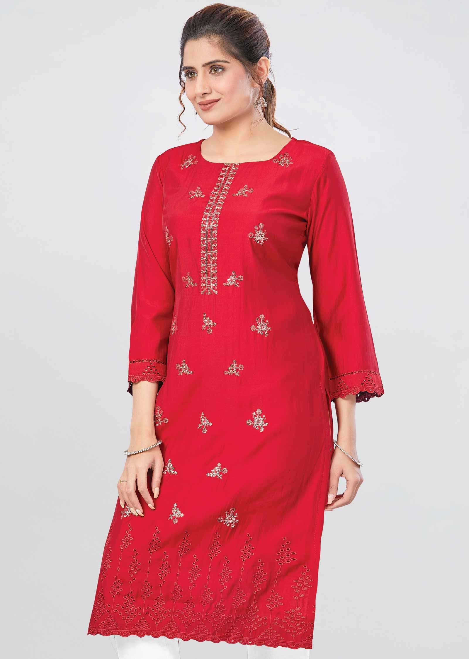 Maroon Modal Chenderi Kurti Straight Cut