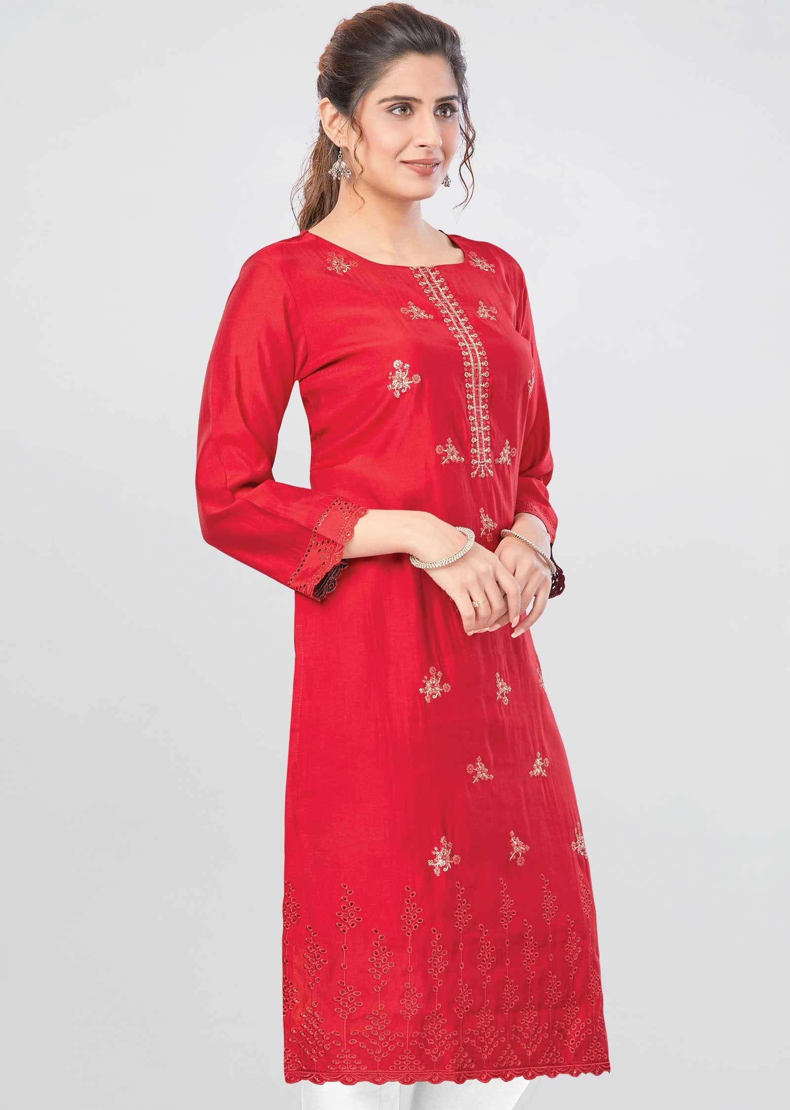 Maroon Modal Chenderi Kurti Straight Cut