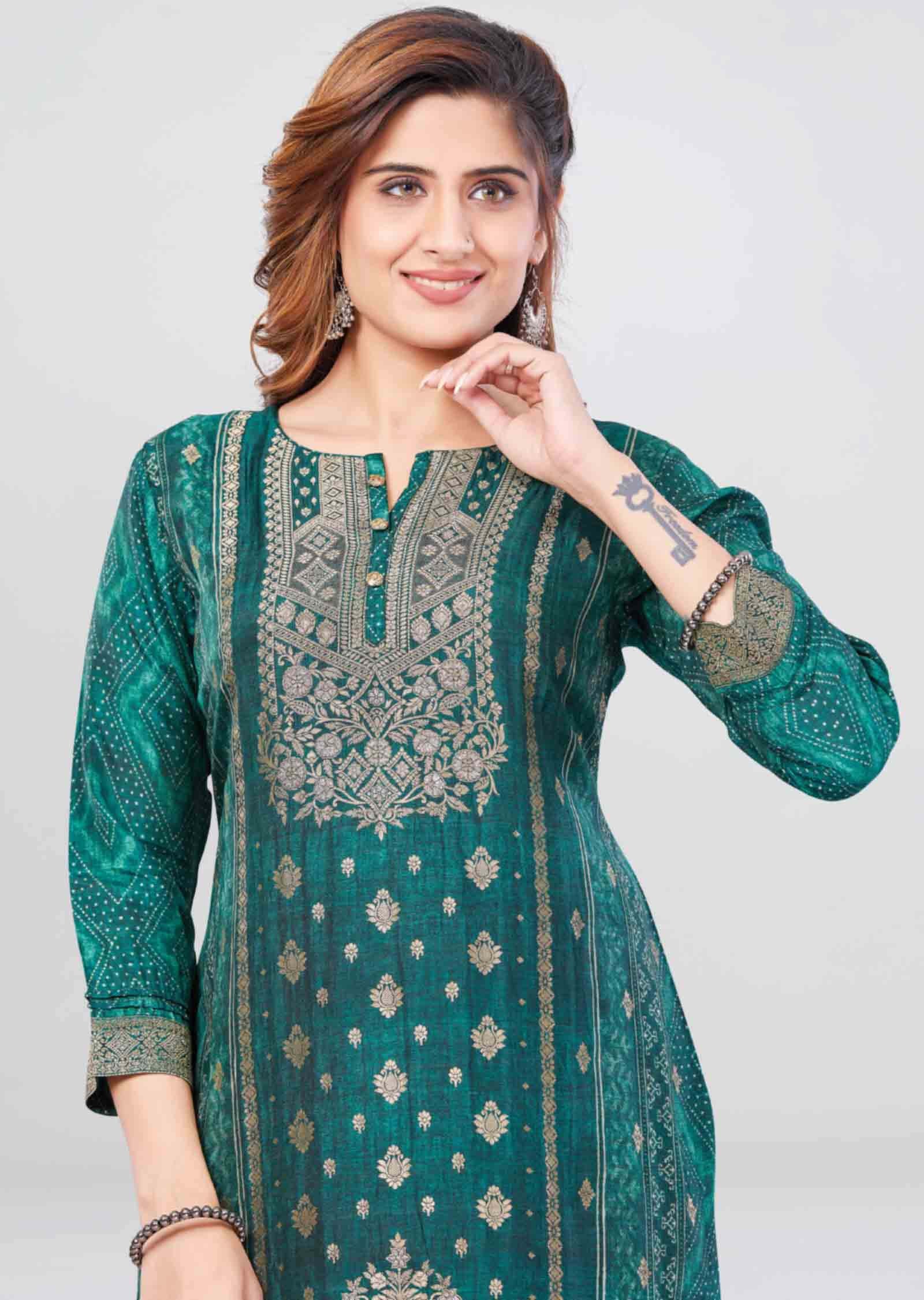 Green Banaras Kurti Straight Cut