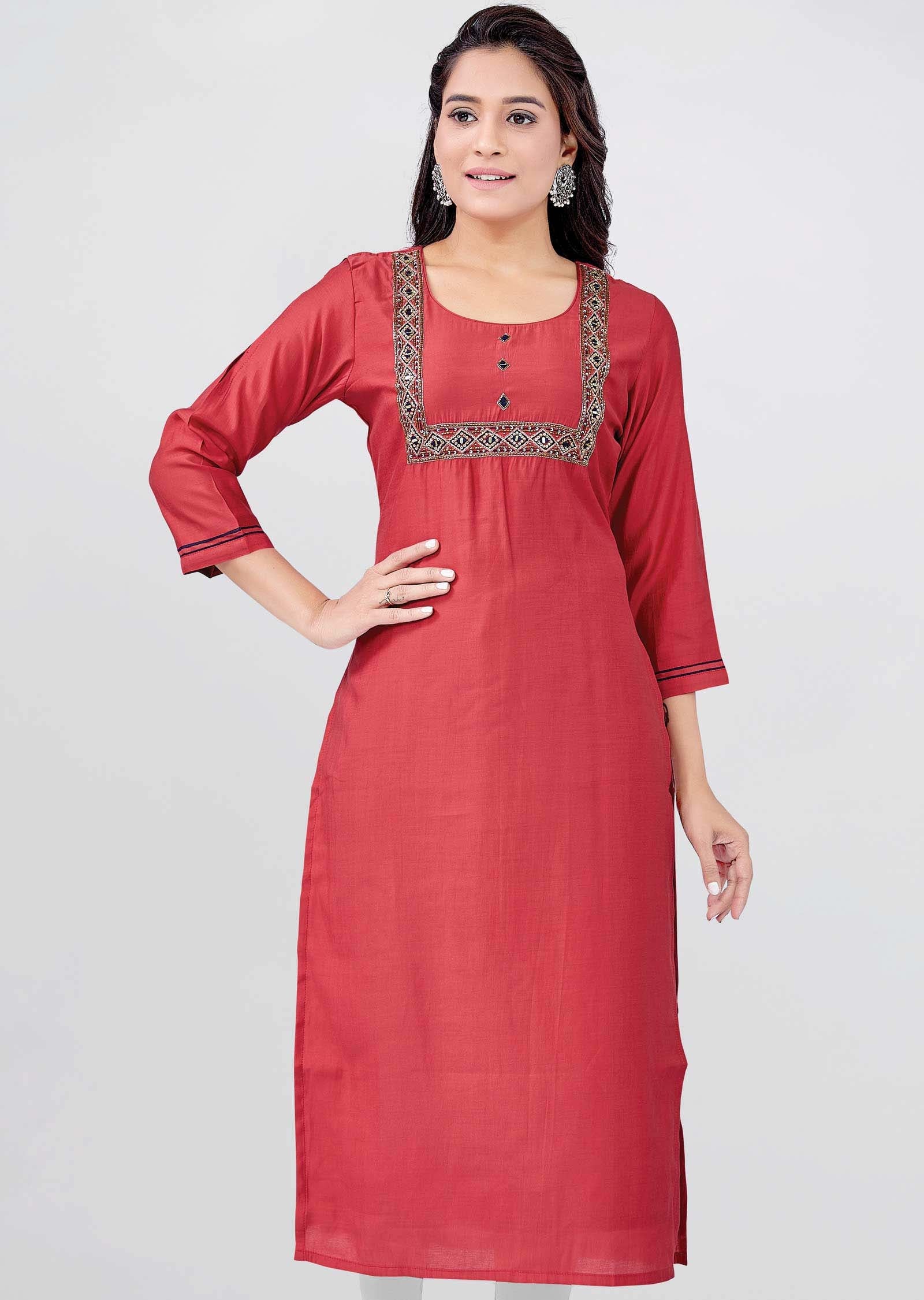 Rsut Chanderi silk Sequins Straight Cut Kurti