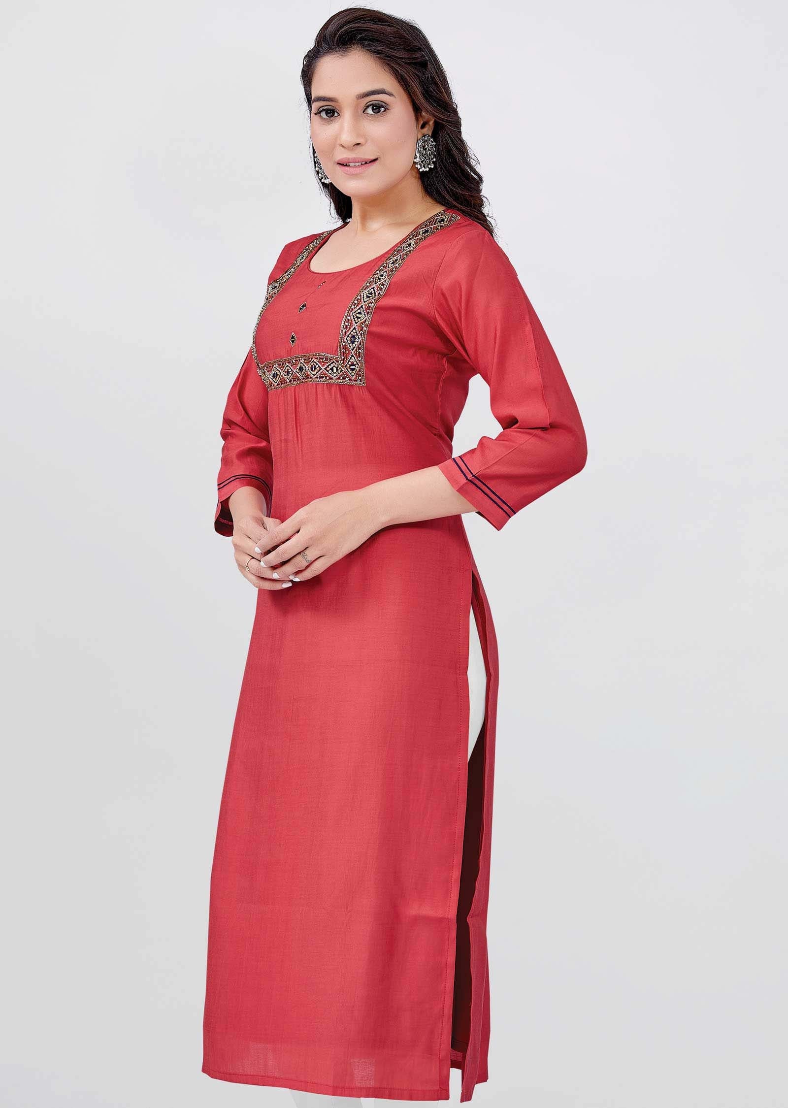 Brown Chanderi Silk Kurti Straight Cut