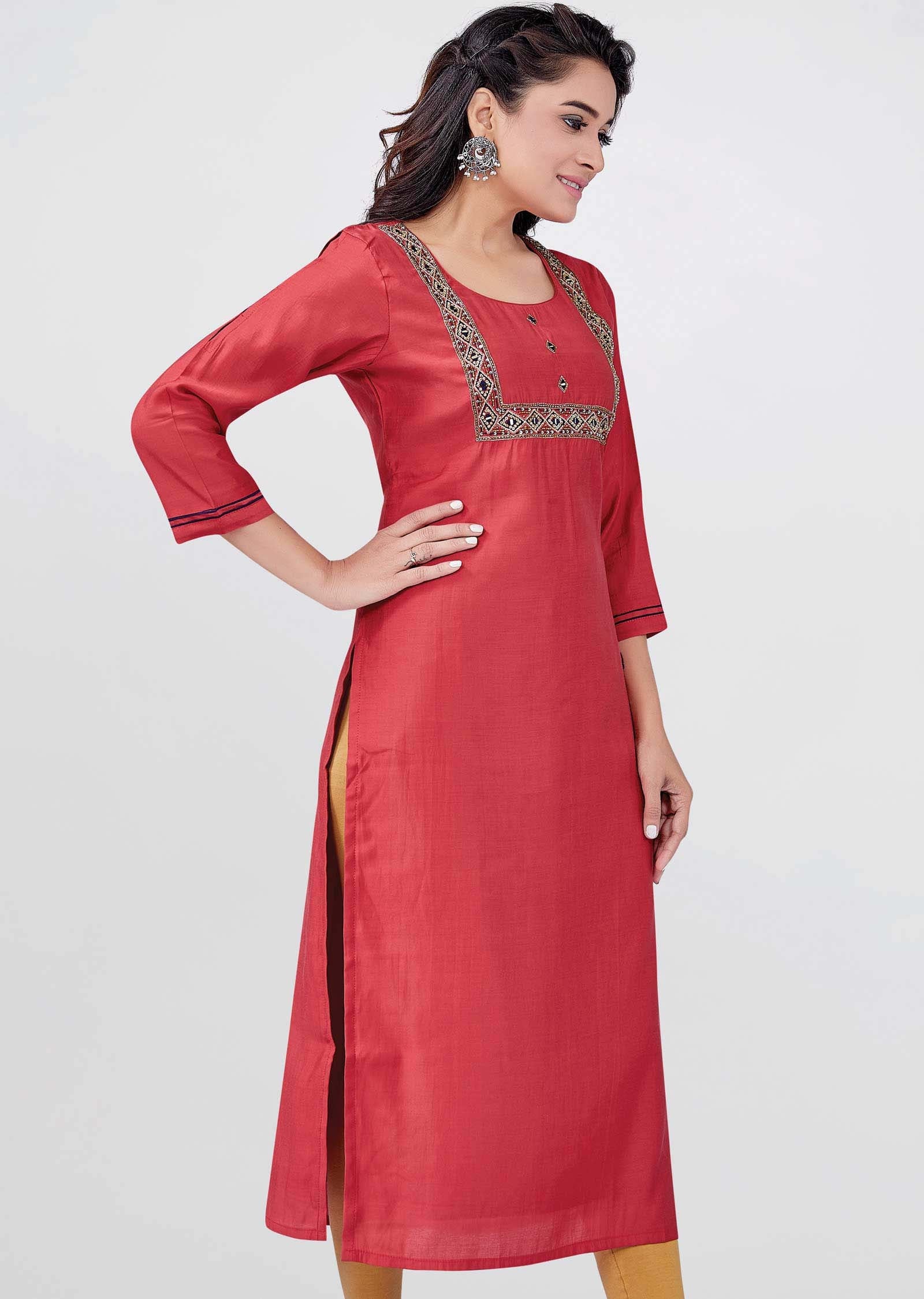 Brown Chanderi Silk Kurti Straight Cut