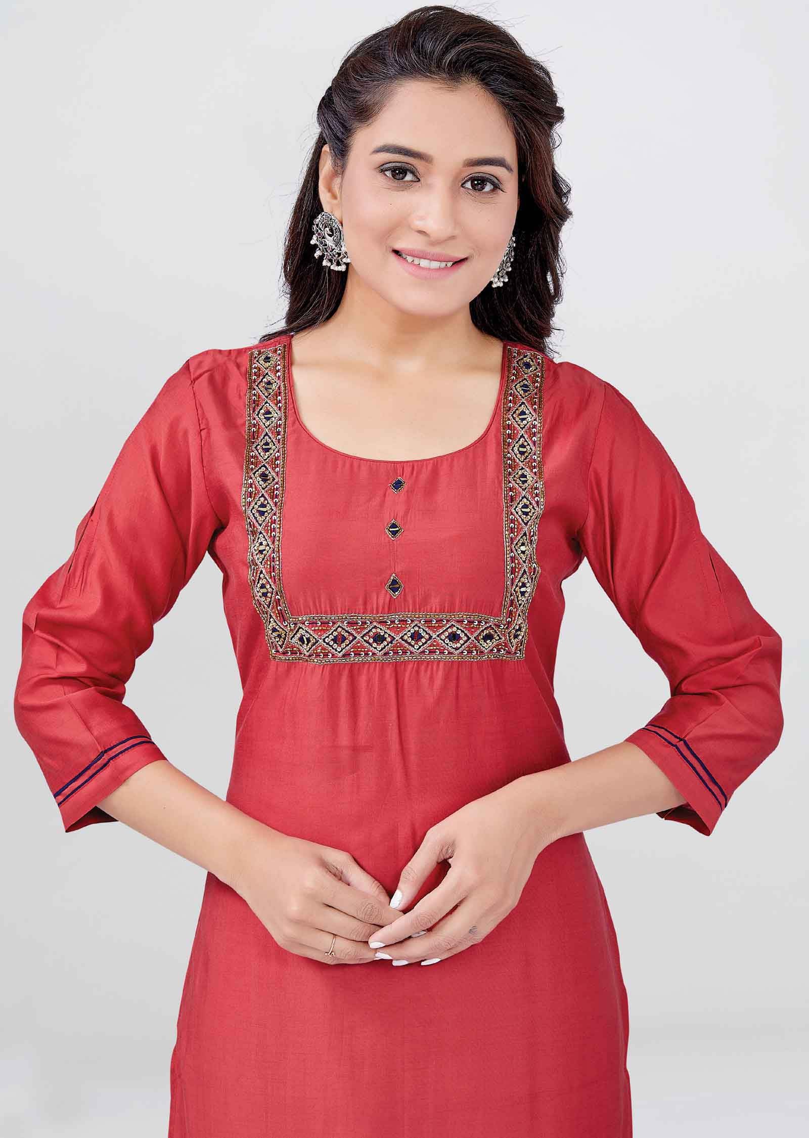 Rsut Chanderi silk Sequins Straight Cut Kurti