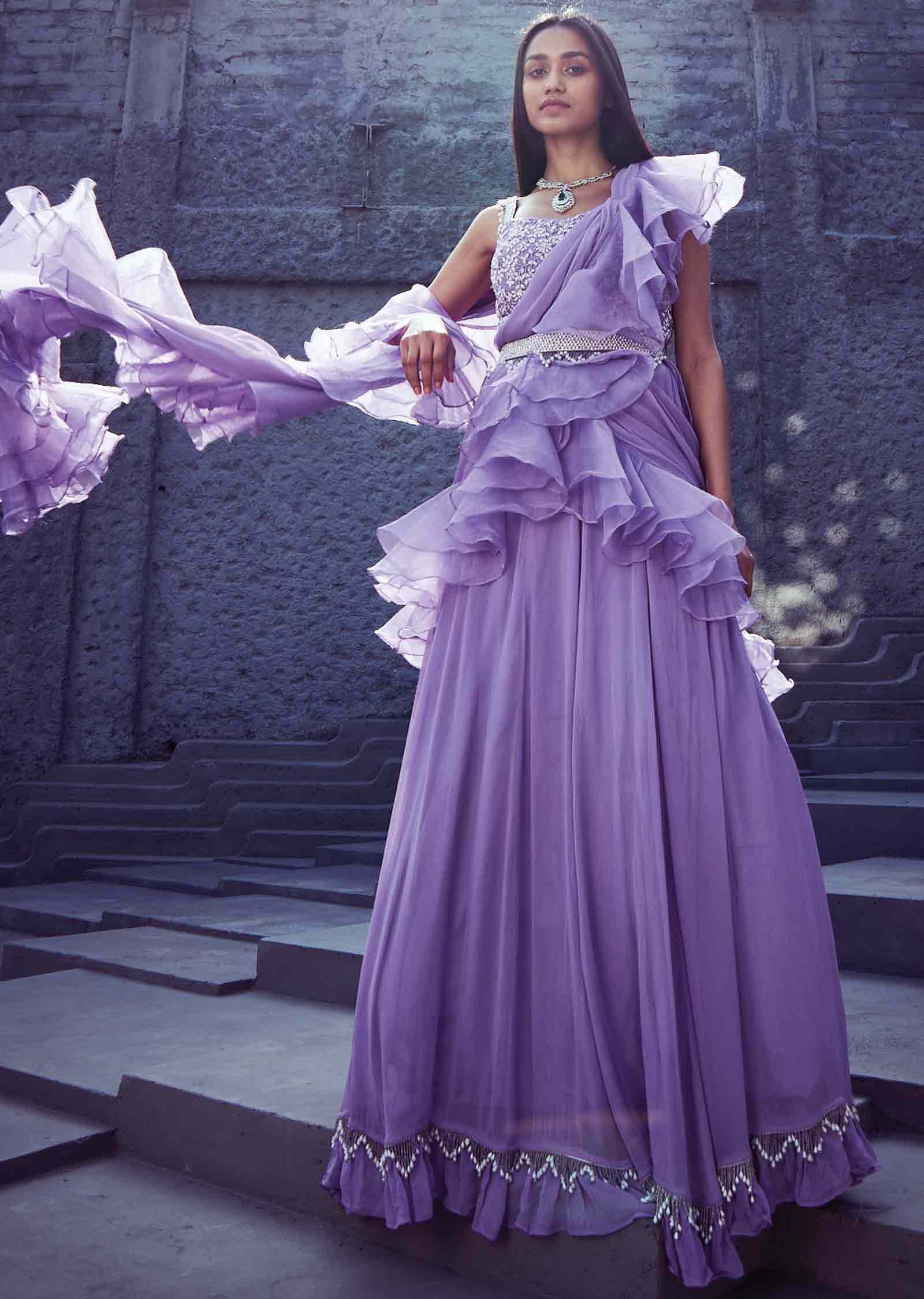 Lavender Net/Georgette Embroidered Lehengas