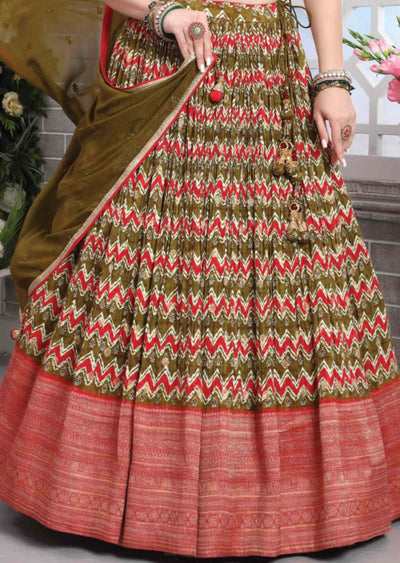 Red & Mehendi Green Silk Zardosi & Embroidered lehenga