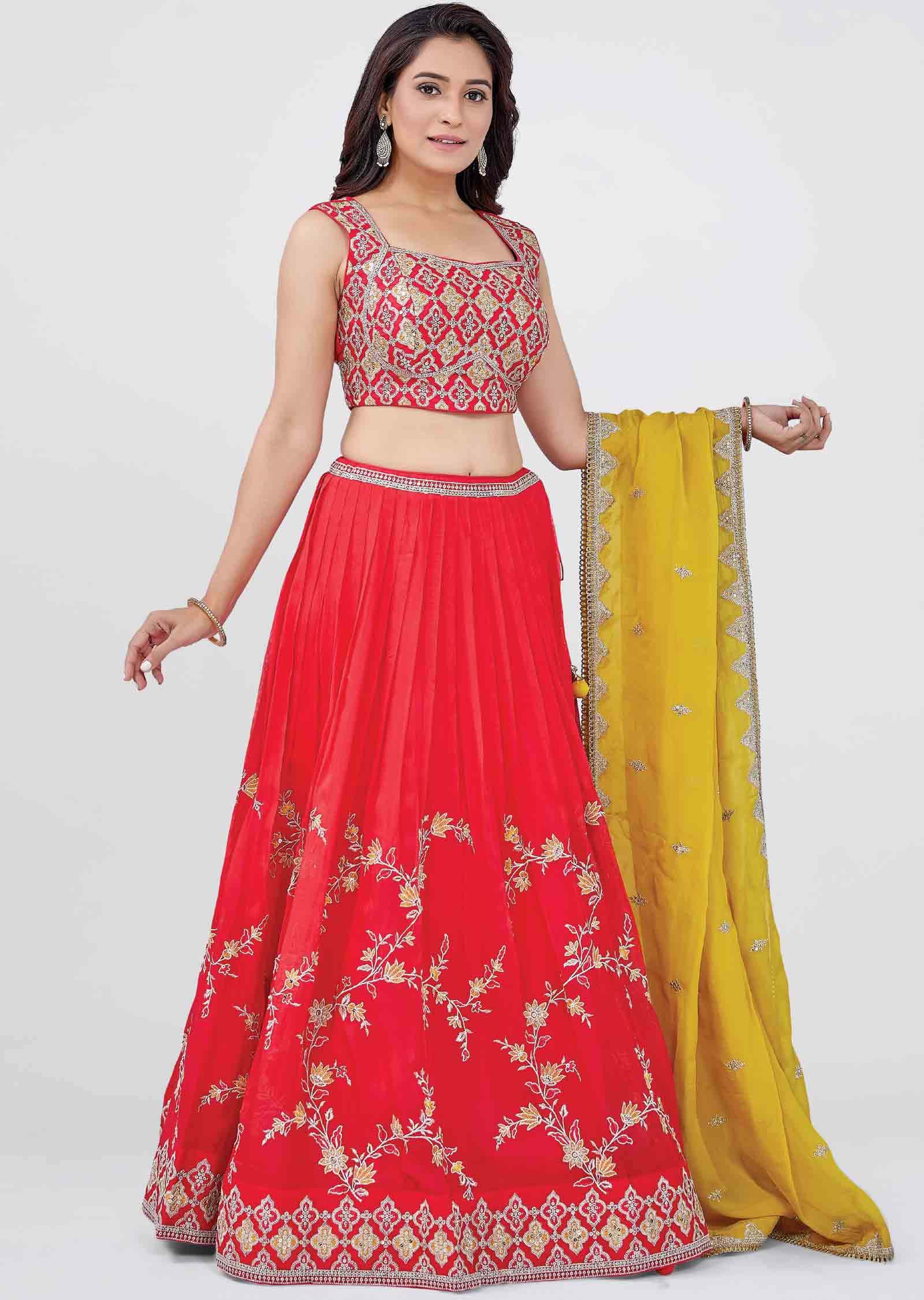 Tomato Red Georgette Embroidered lehenga