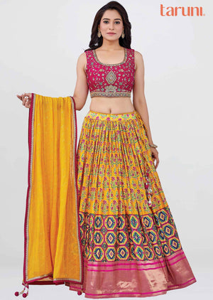 Rani Pink /Yellow Silk Printed lehenga