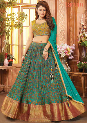 Mustard & Green Silk Embroidered lehenga