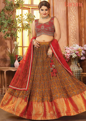 Pink & Mustard Silk Embroidered lehenga