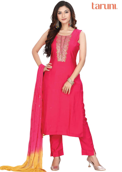 Rani pink Silk Zardosi & Embroidered Straight cut suits