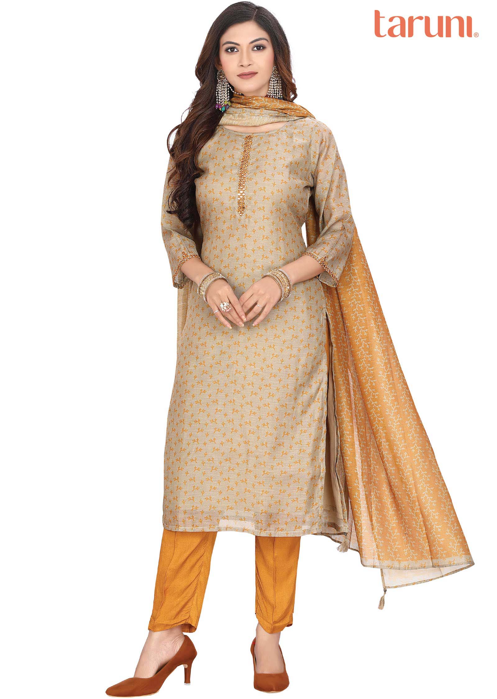 Beige Chanderi Straight cut suit