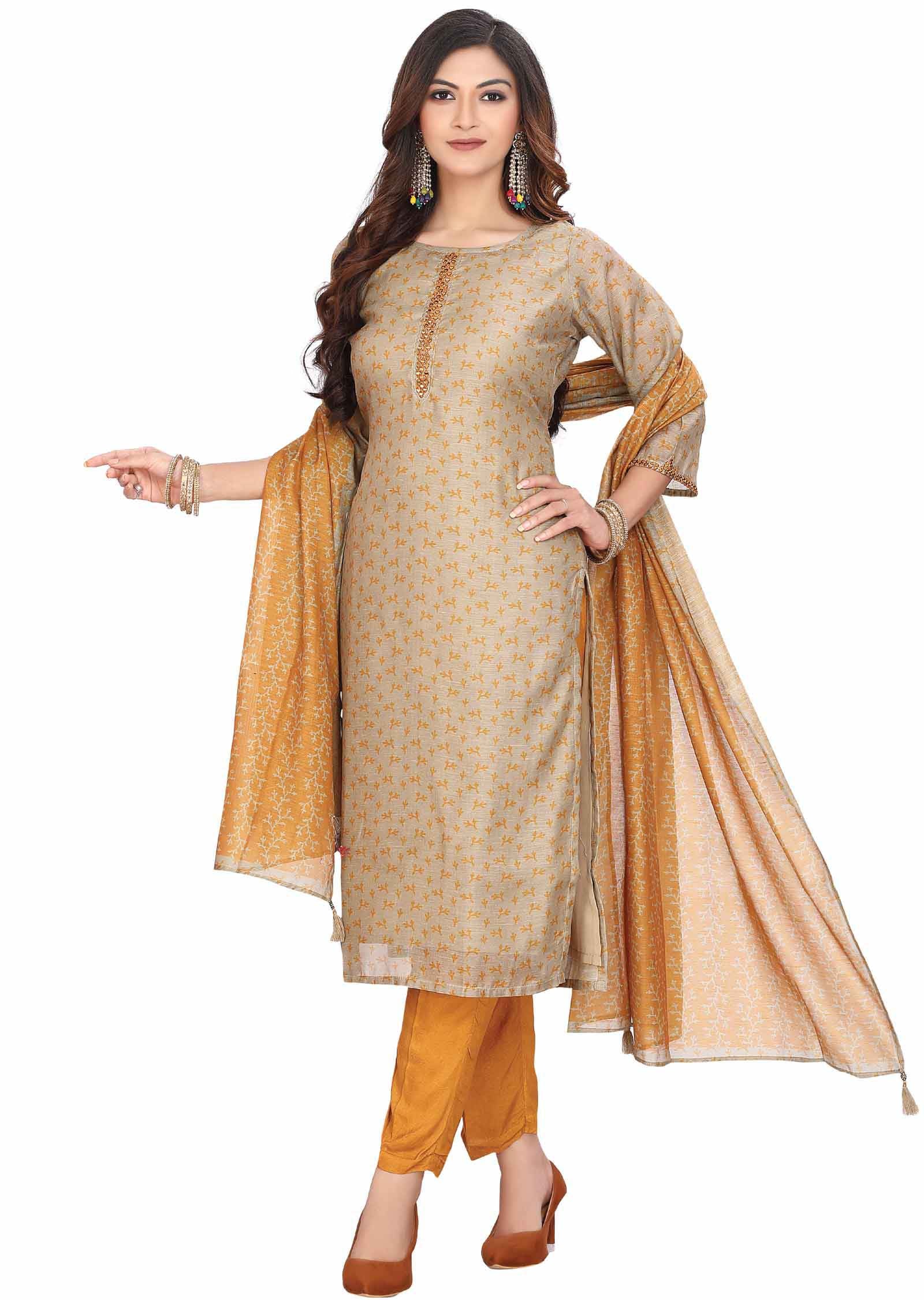 Beige Chanderi Straight cut suit