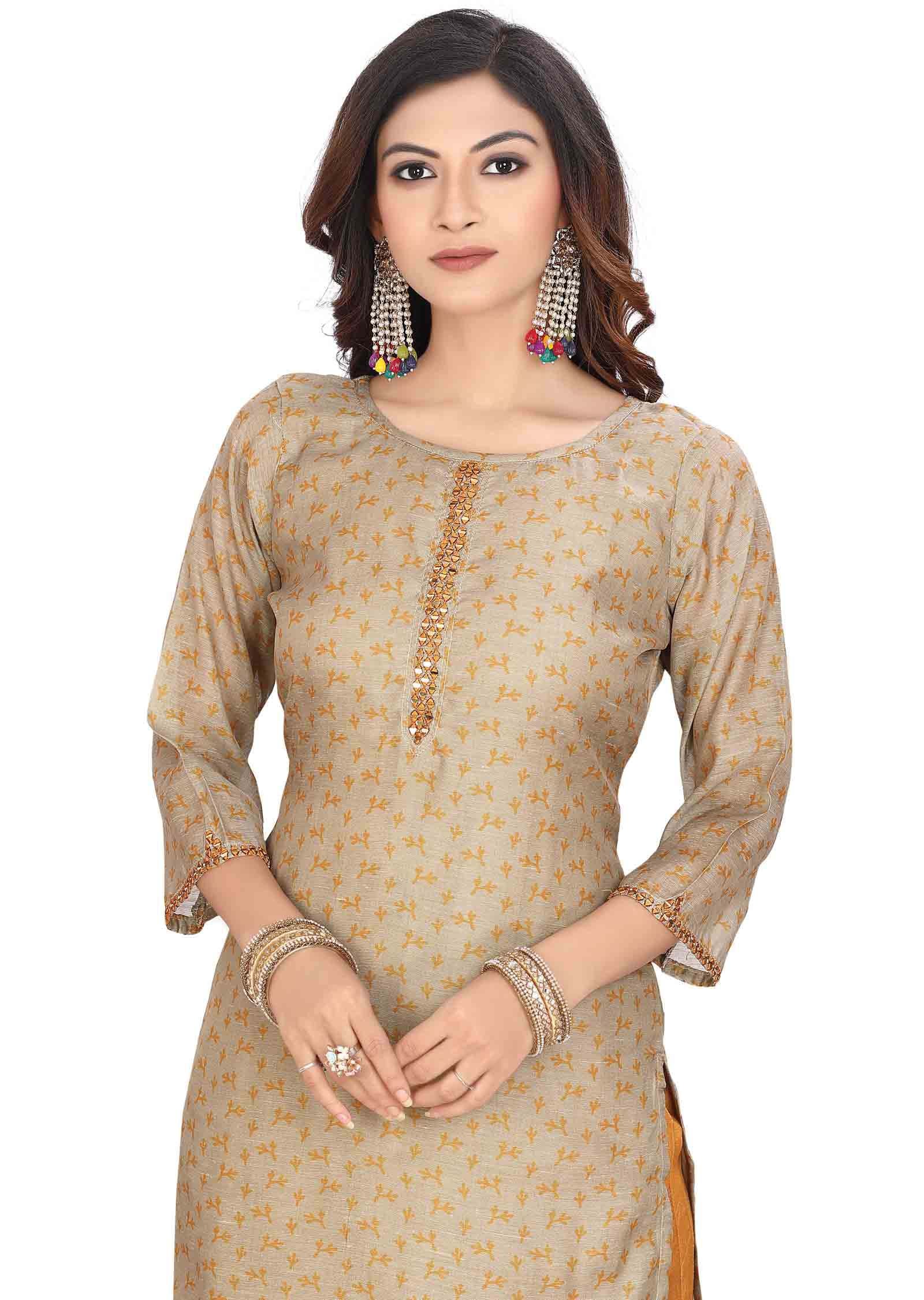 Beige Chanderi Straight cut suit