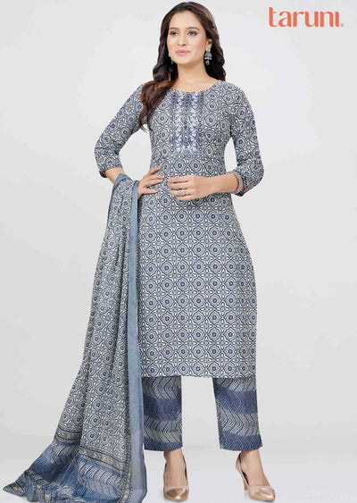 White/Blue Cotton Printed Straight cut suits