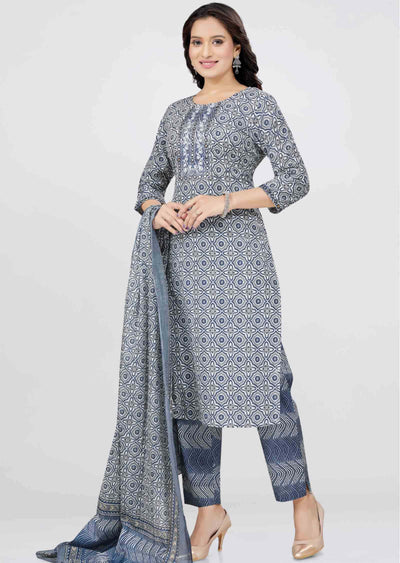 White/Blue Cotton Printed Straight cut suits