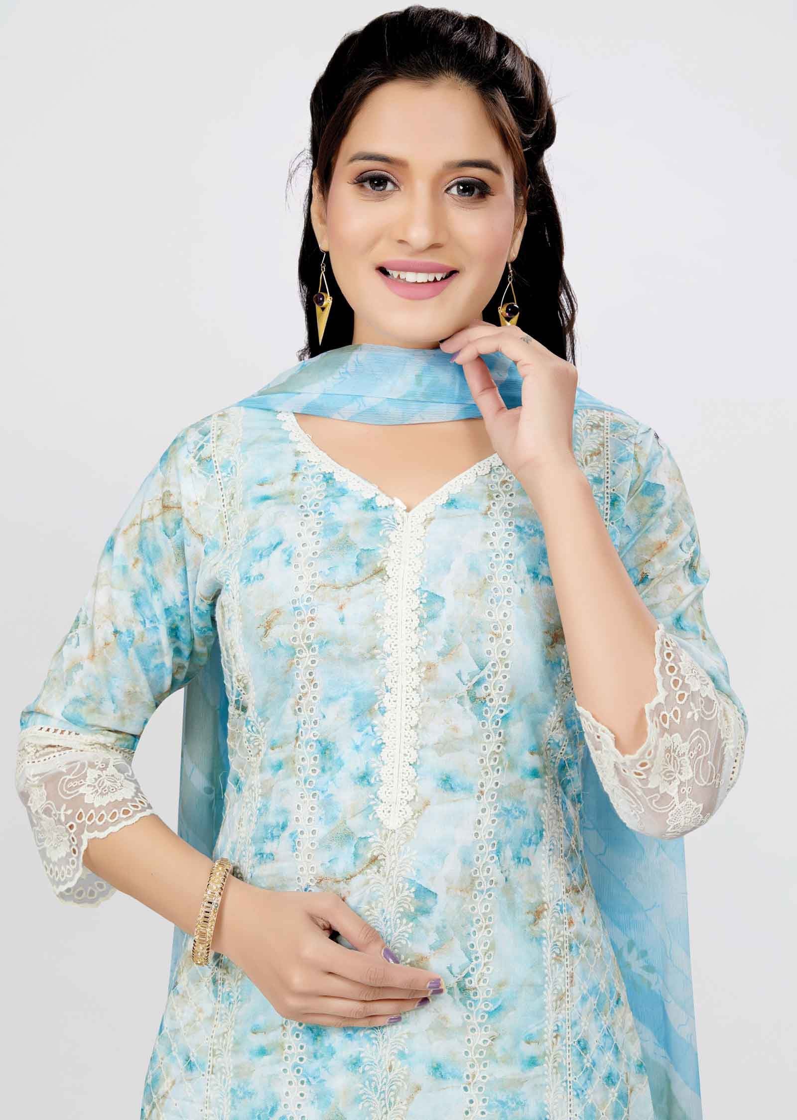 Blue Shefali Cotton Straight cut suit