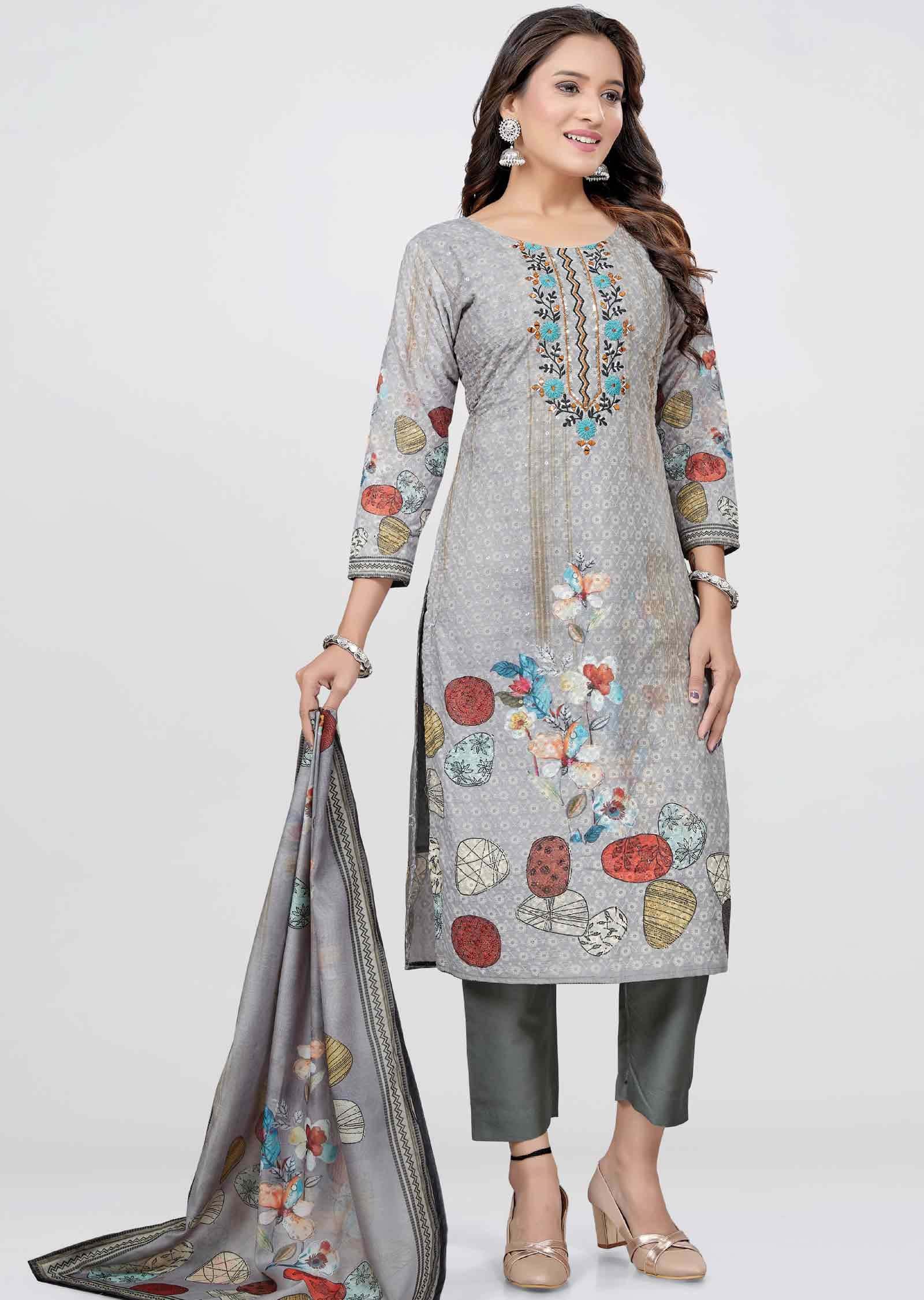 Grey Shefali Cotton Straight cut suit