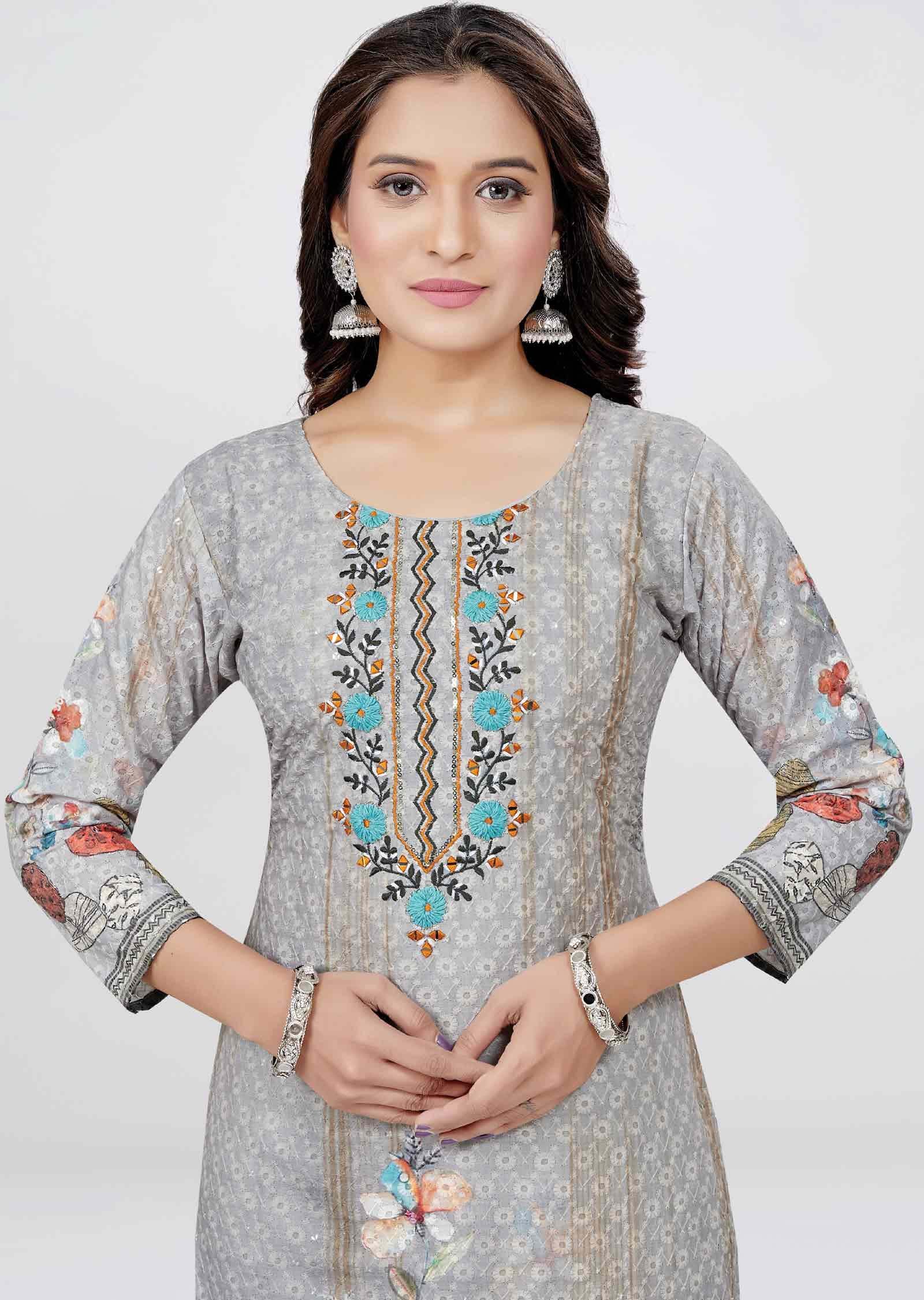 Grey Shefali Cotton Straight cut suit