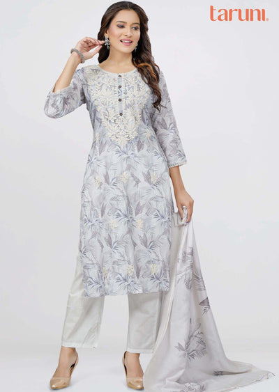 Light Grey Linen Cotton Printed Straight cut suits
