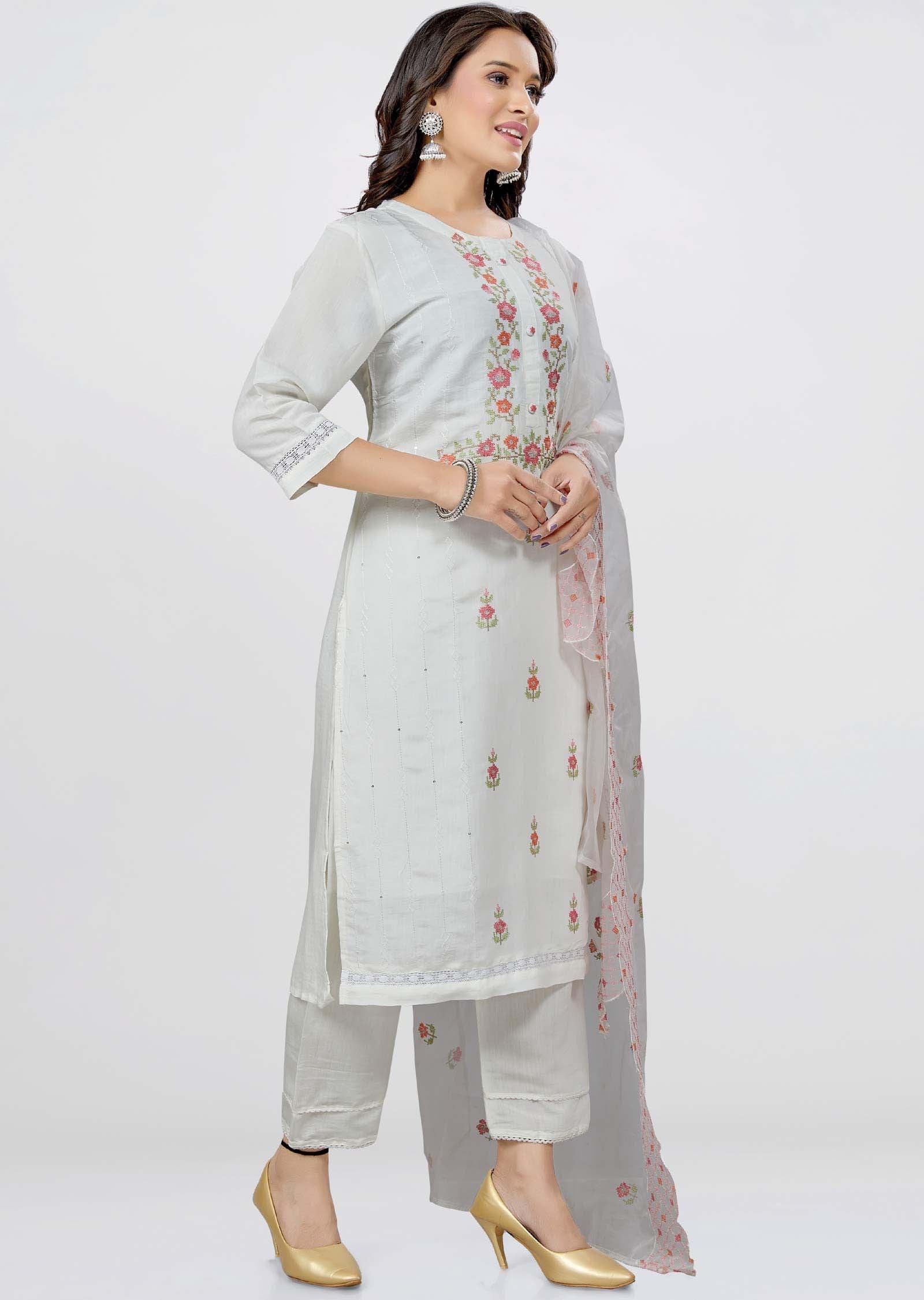 Off White Chanderi Straight cut suit