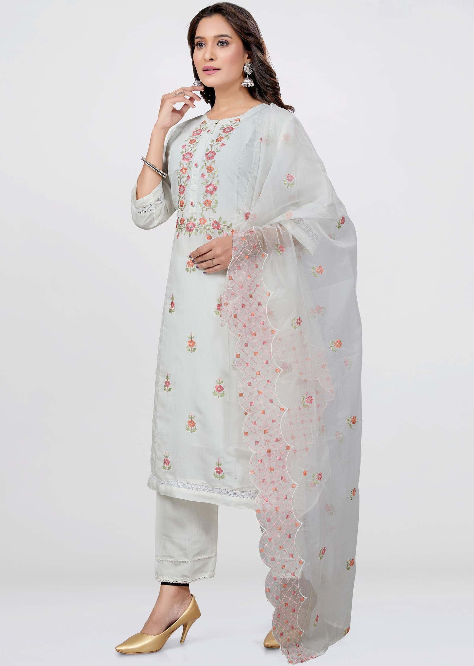 Off White Chanderi Straight cut suit