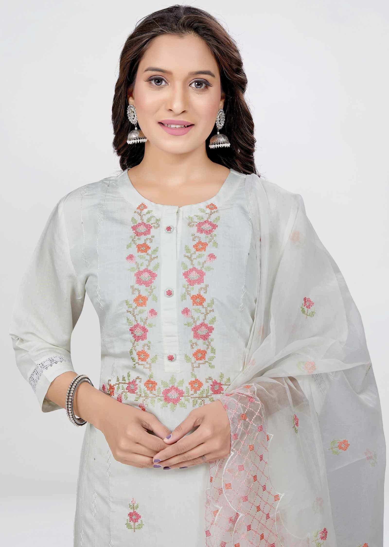 Off White Chanderi Straight cut suit