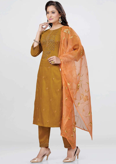 Mustard Silk Sequins Straight cut suits