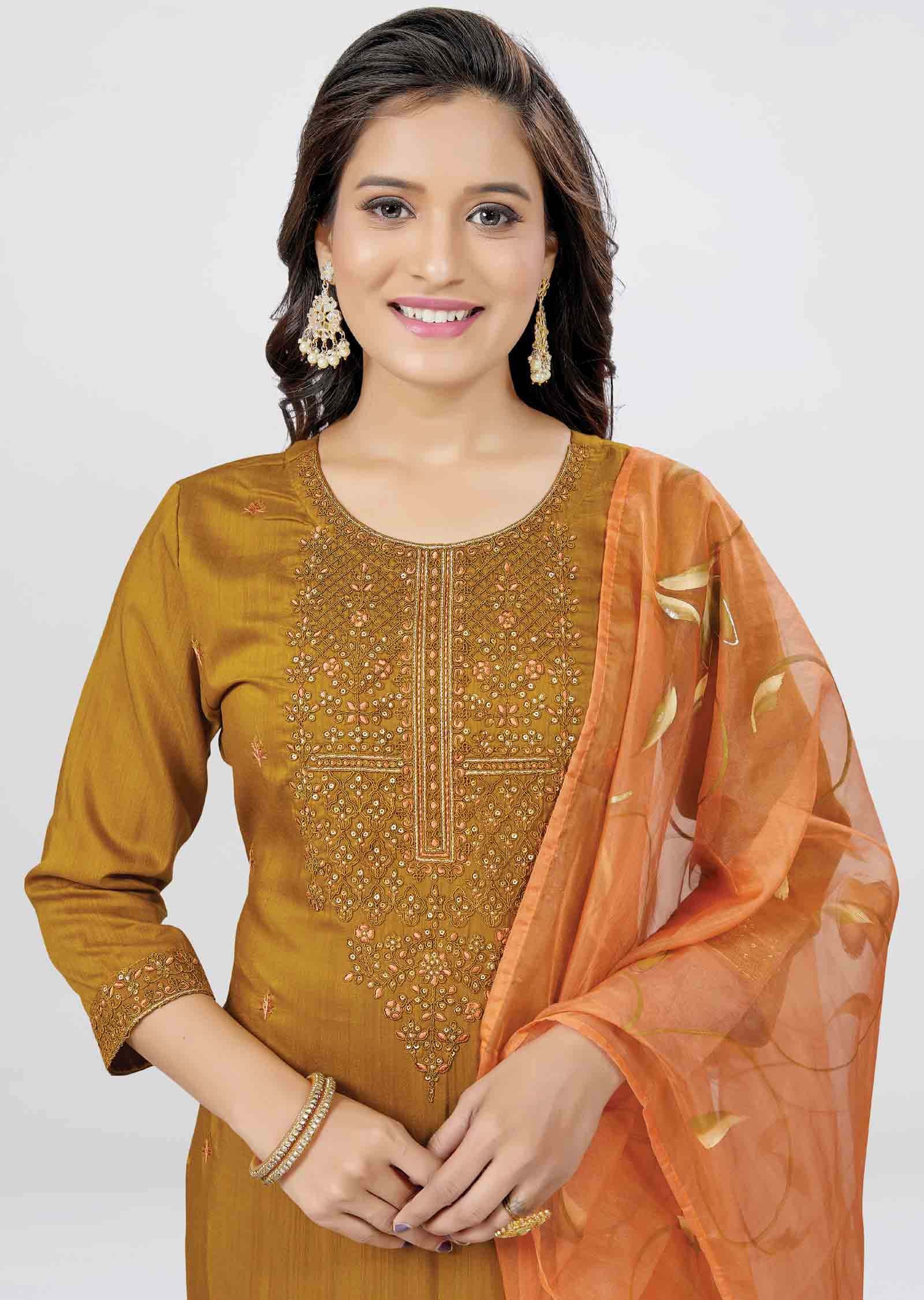 Mustard Silk Sequins Straight cut suits