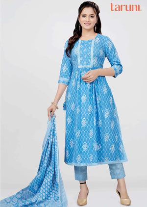 Light Blue Cotton Printed Straight cut suits