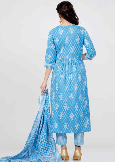 Light Blue Cotton Printed Straight cut suits