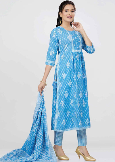 Light Blue Cotton Printed Straight cut suits