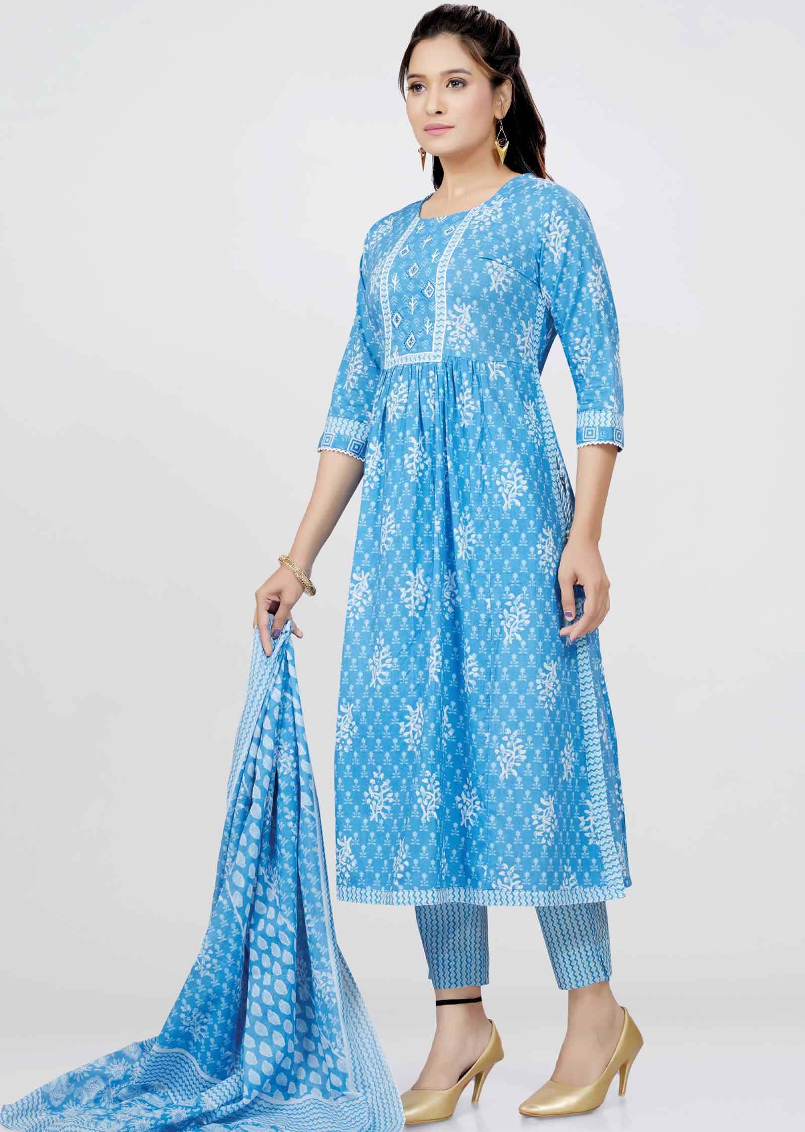 Light Blue Cotton Printed Straight cut suits