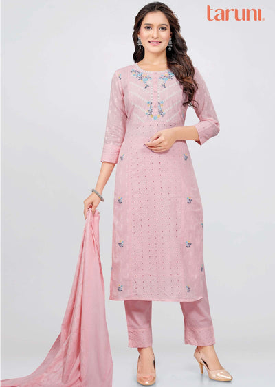 Light Pink Cotton Printed Straight cut suits