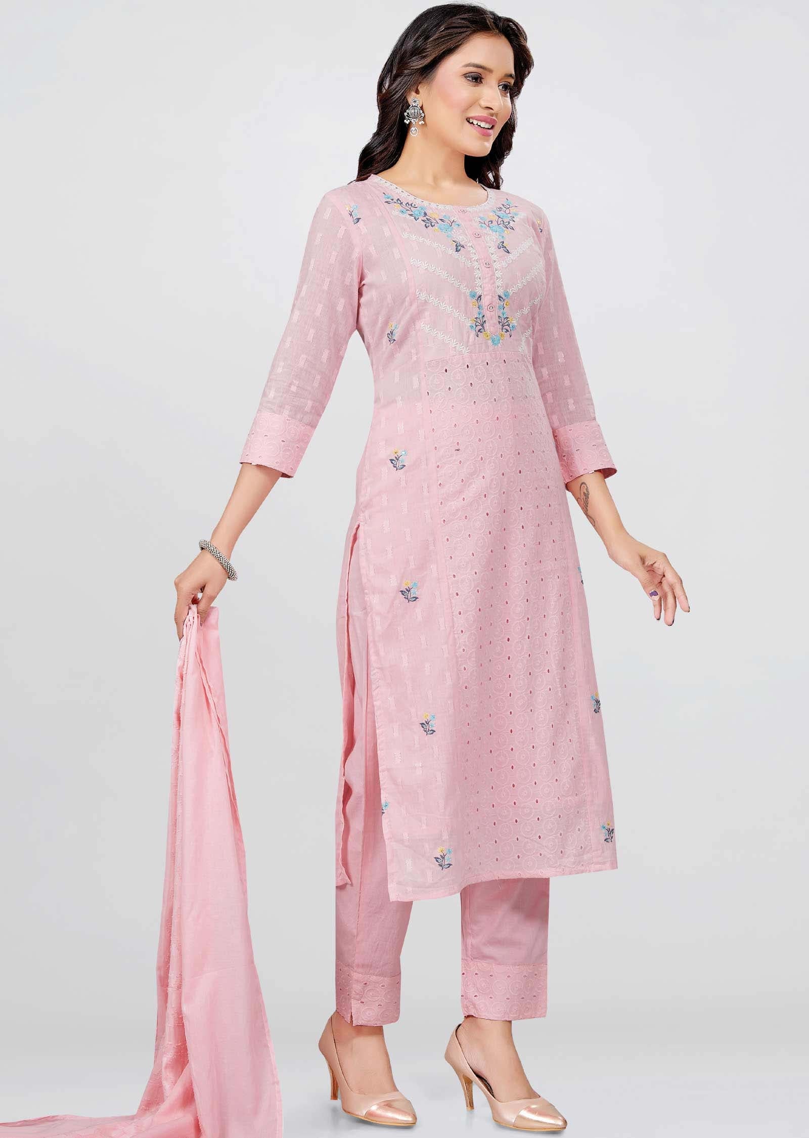 Pink Cotton Straight cut suit