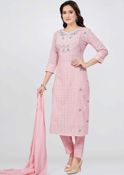 Light Pink Cotton Printed Straight cut suits