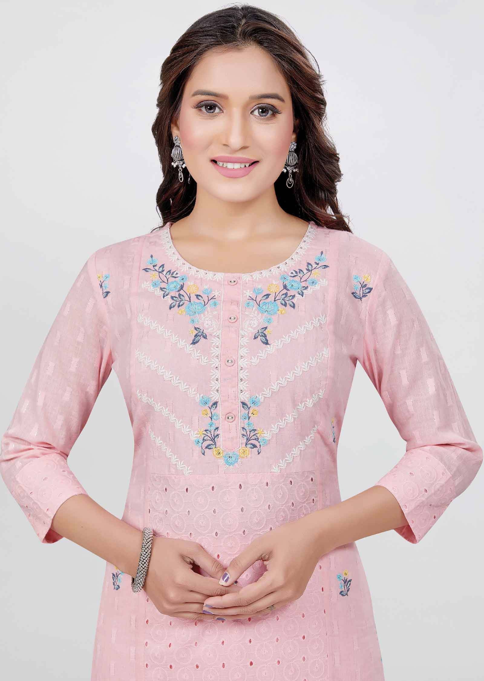 Pink Cotton Straight cut suit