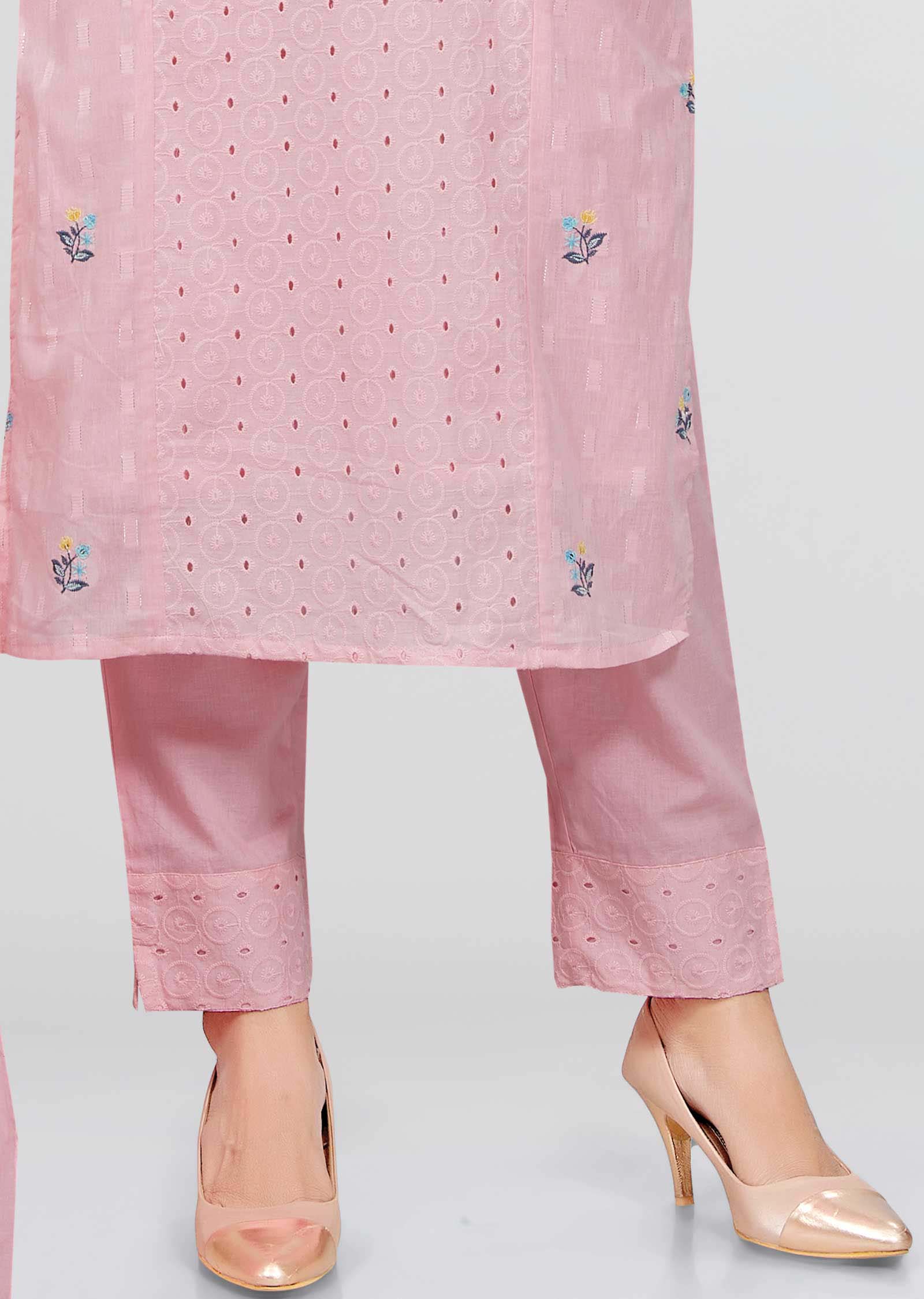 Light Pink Cotton Printed Straight cut suits