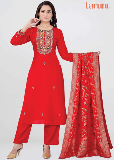 Red Raw Silk Embroidered Straight cut suits