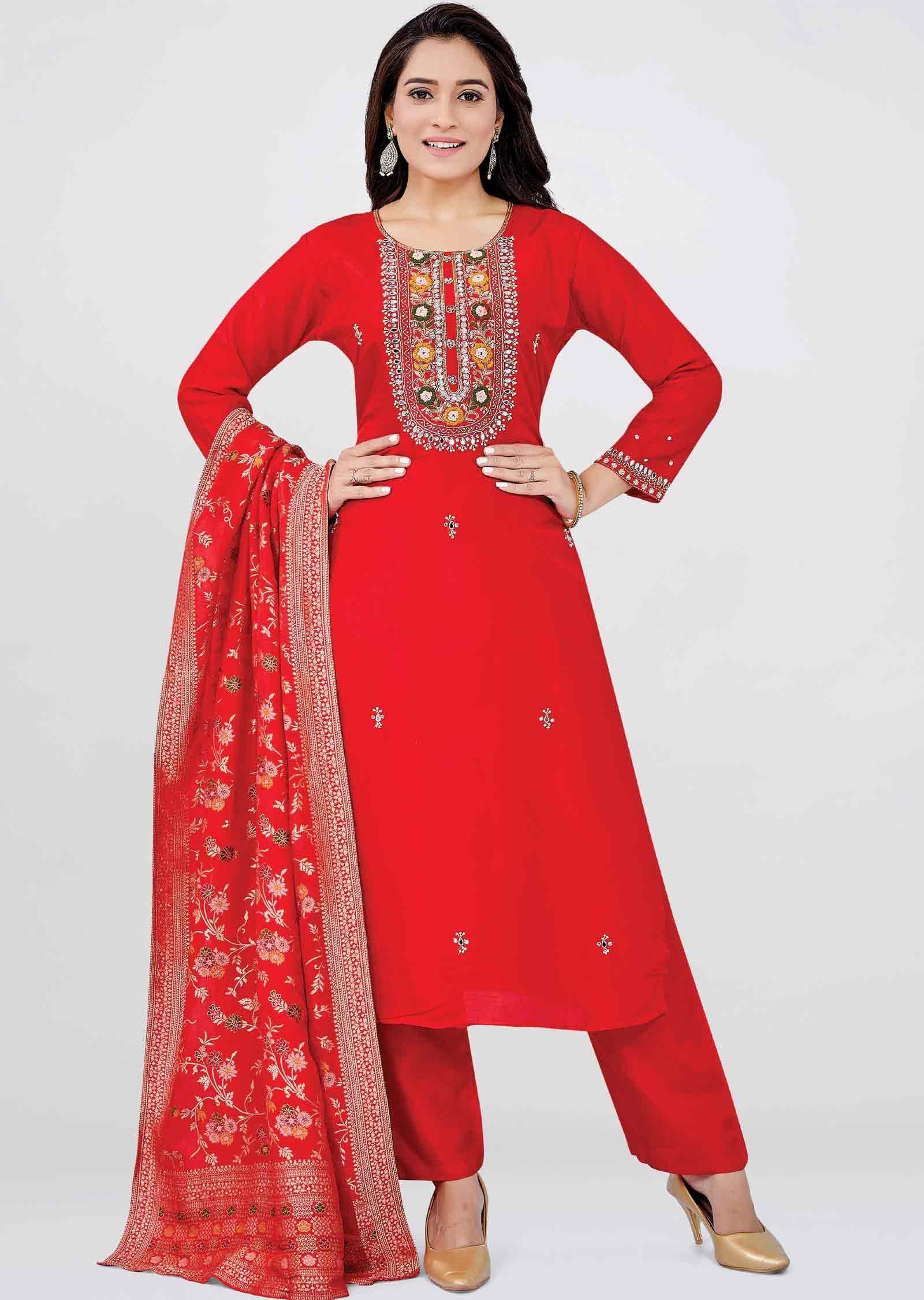 Red Raw Silk Embroidered Straight cut suits