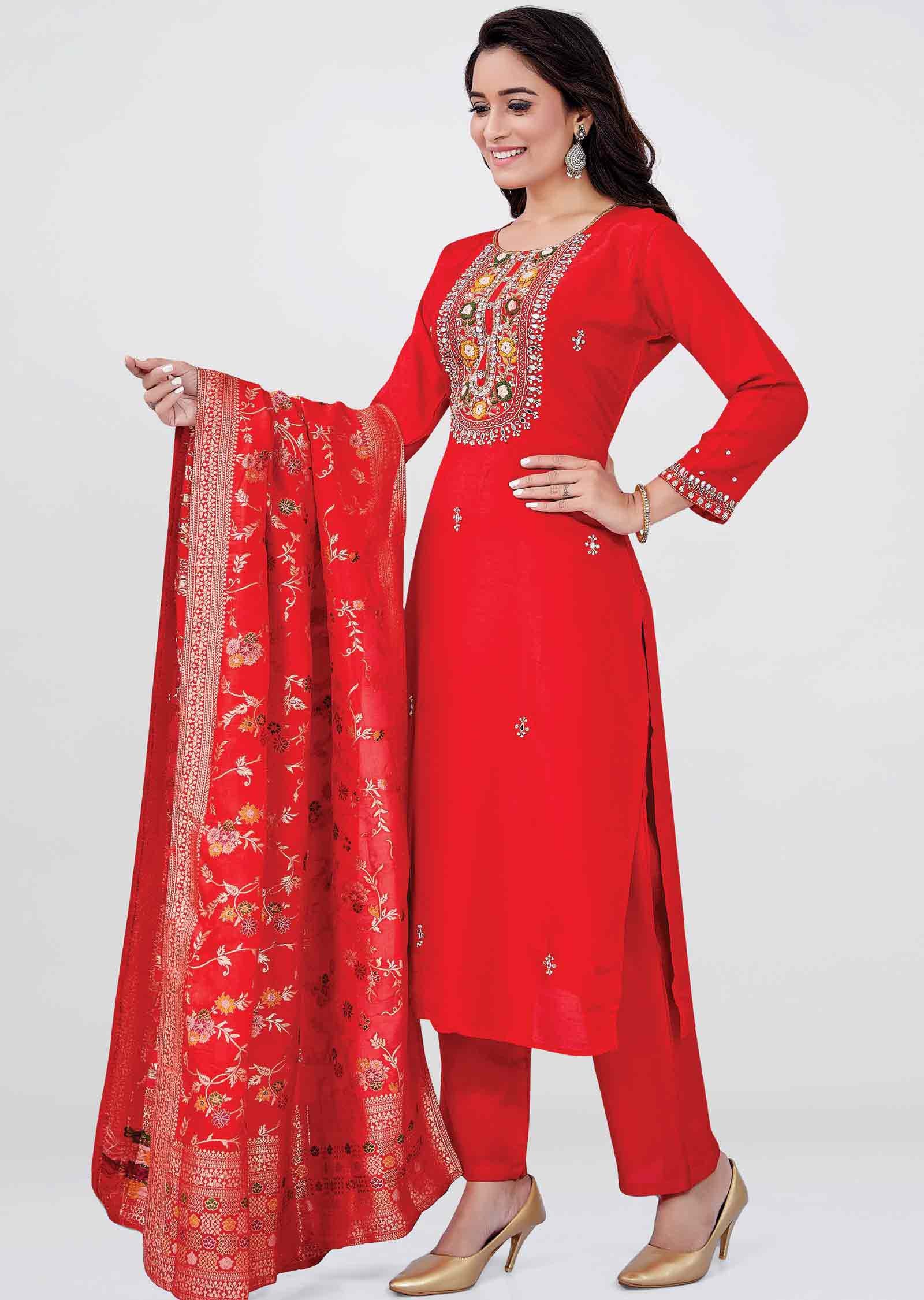 Red Raw Silk Embroidered Straight cut suits