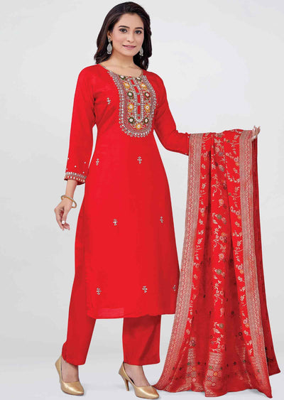 Red Raw Silk Embroidered Straight cut suits