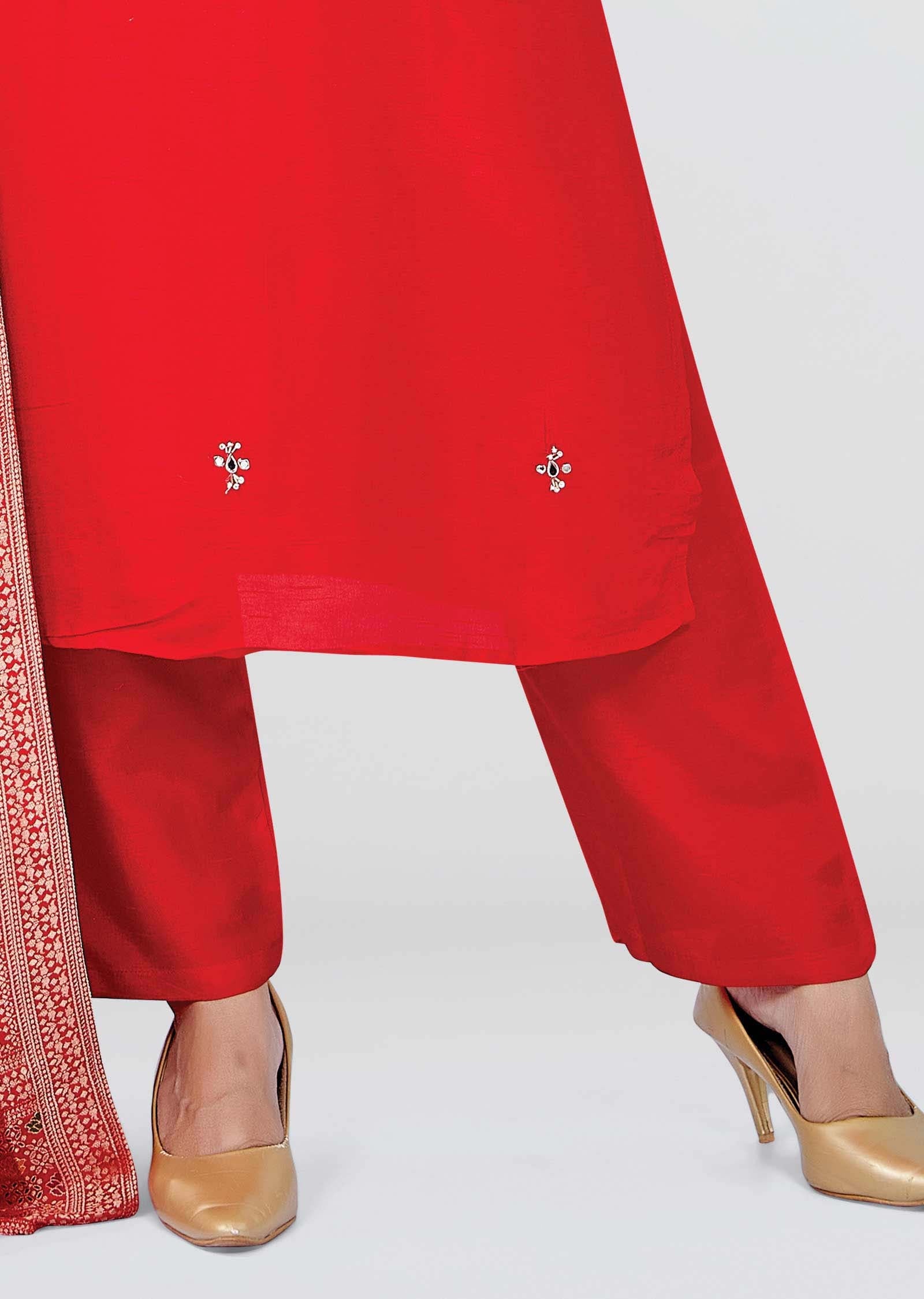 Red Raw Silk Embroidered Straight cut suits