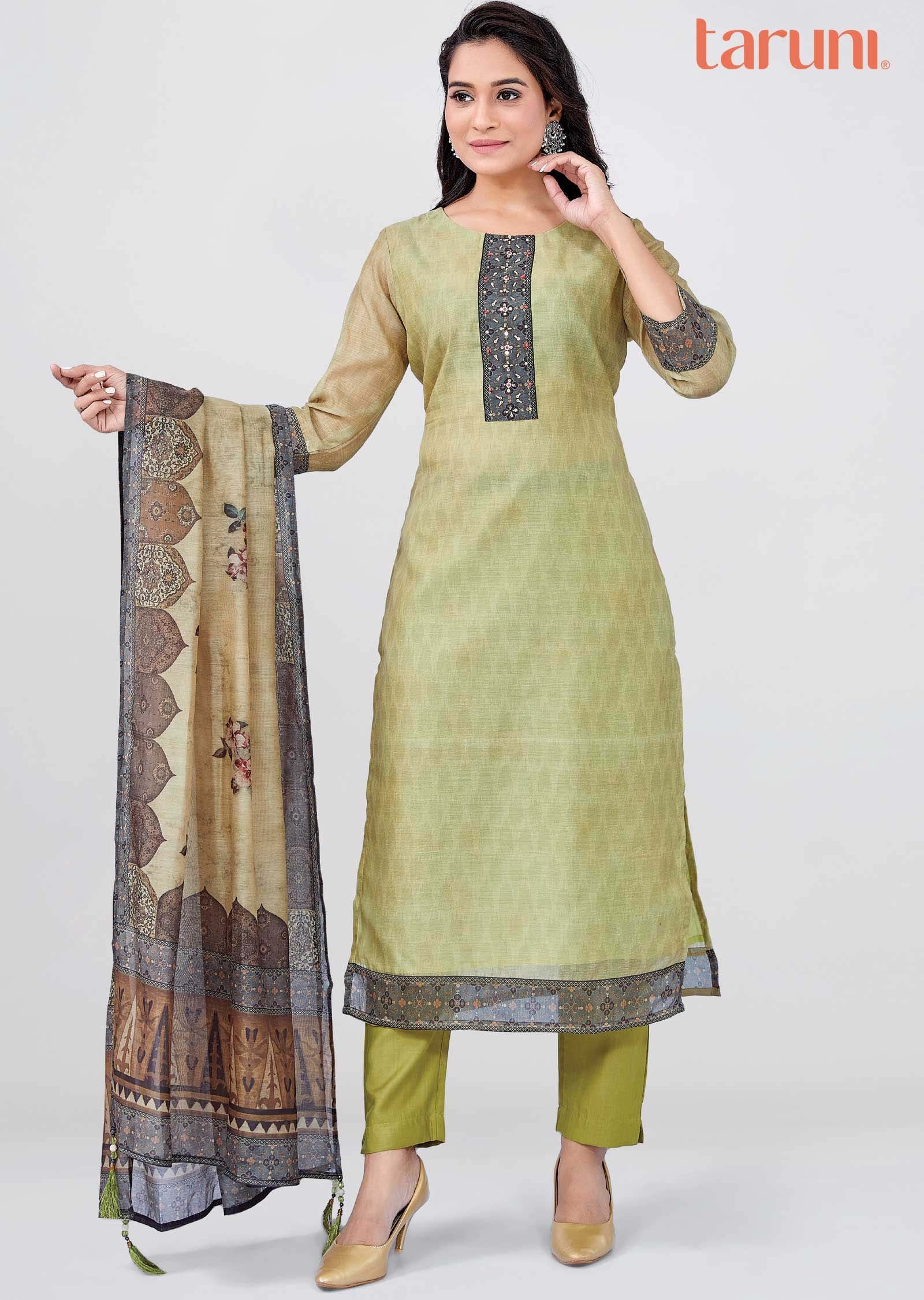 Green Chanderi Straight cut suit