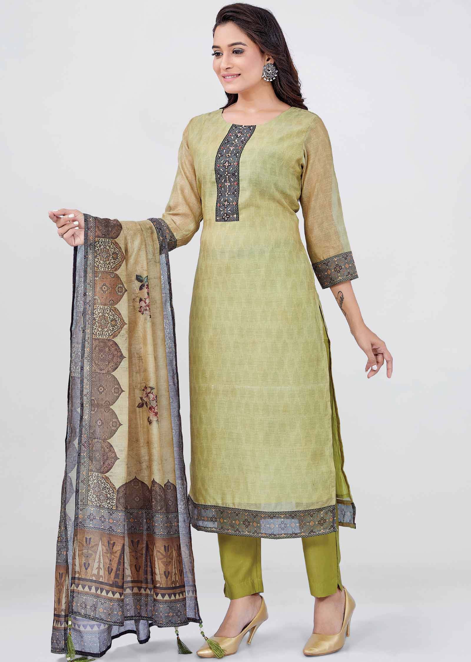 Green Chanderi Straight cut suit