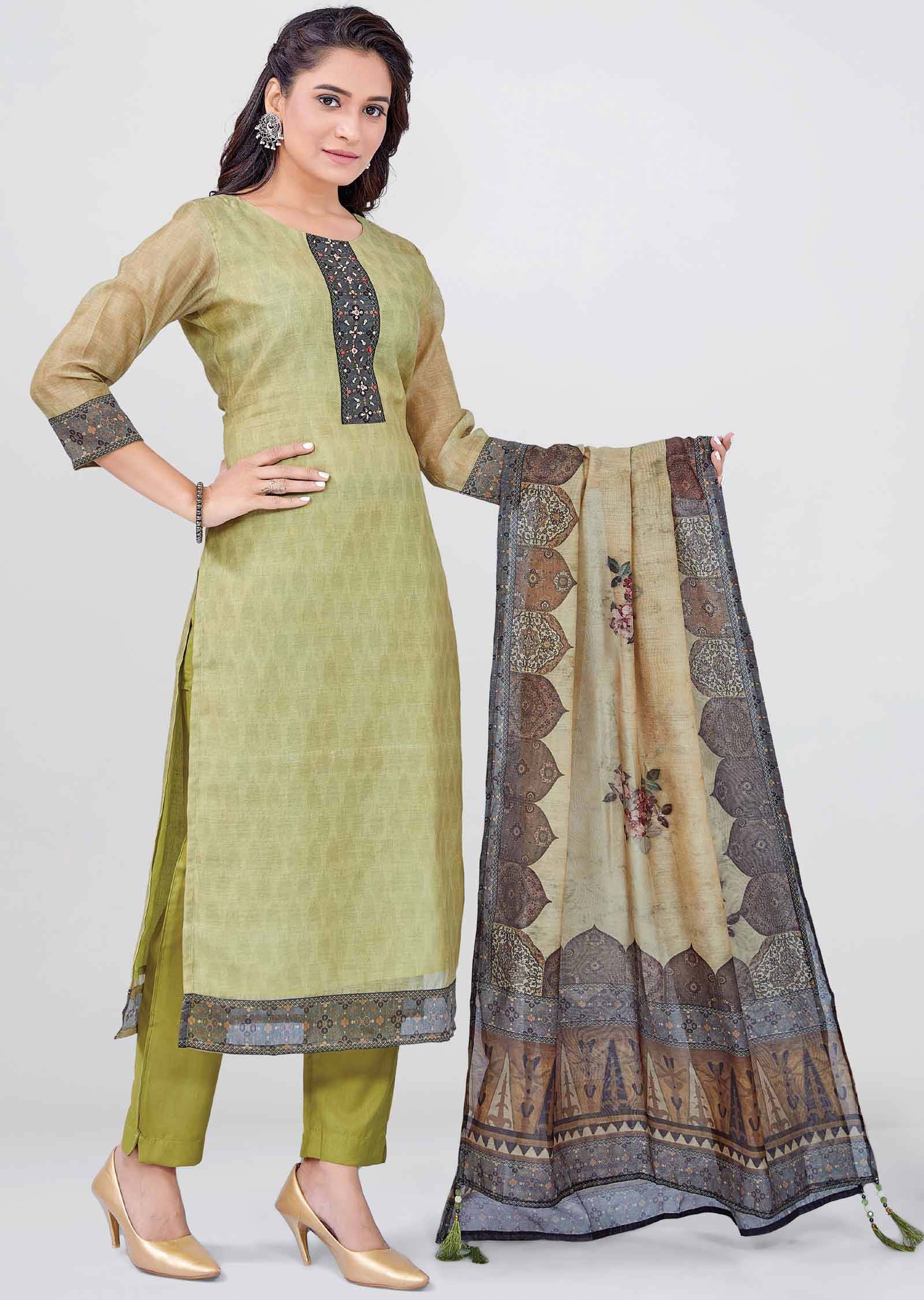 Green Chanderi Straight cut suit